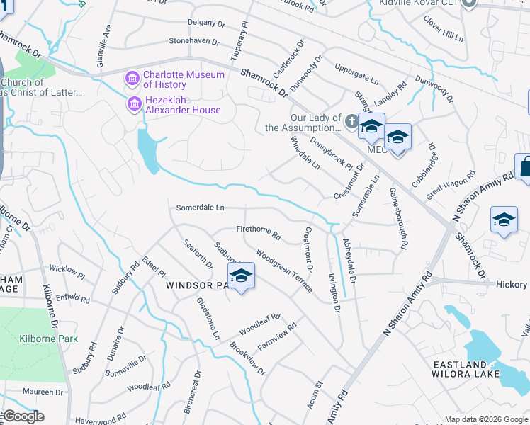 map of restaurants, bars, coffee shops, grocery stores, and more near 4124 Somerdale Lane in Charlotte