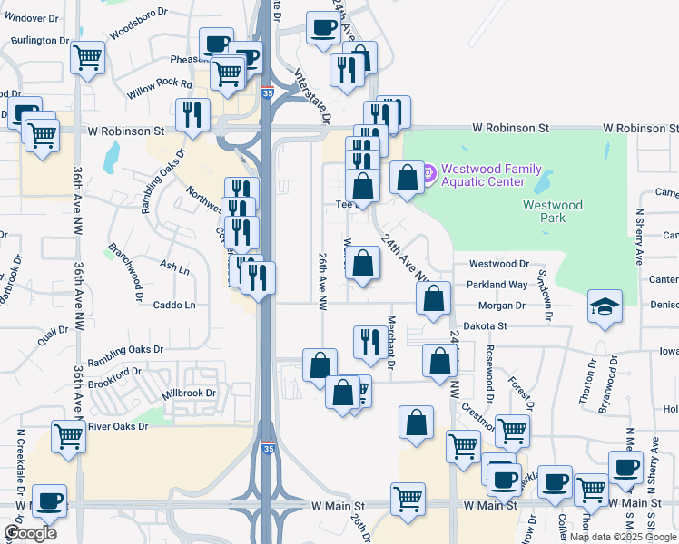 map of restaurants, bars, coffee shops, grocery stores, and more near 716 Wall Street in Norman