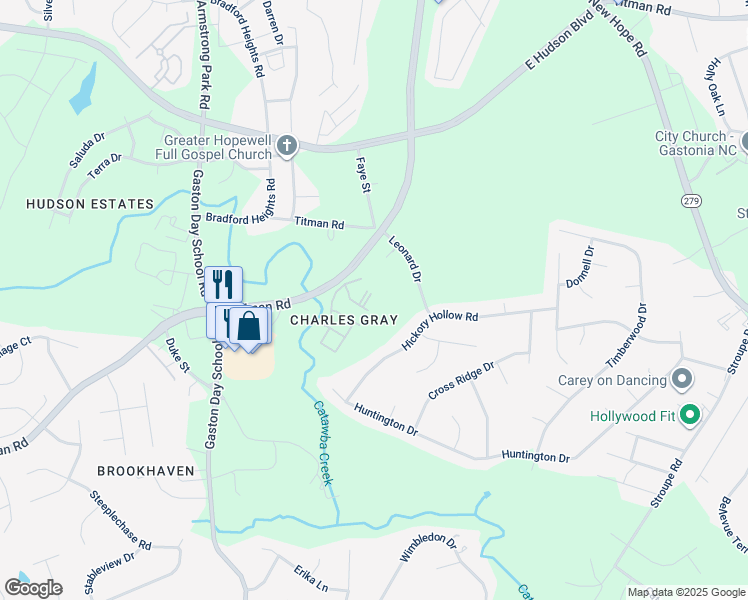map of restaurants, bars, coffee shops, grocery stores, and more near 2104 Creek Bed Circle in Gastonia
