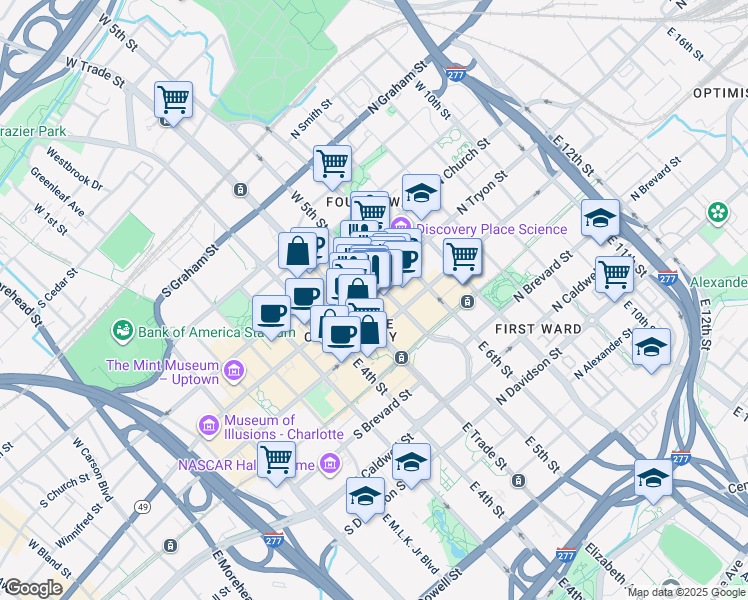 map of restaurants, bars, coffee shops, grocery stores, and more near 100 North Tryon Street in Charlotte