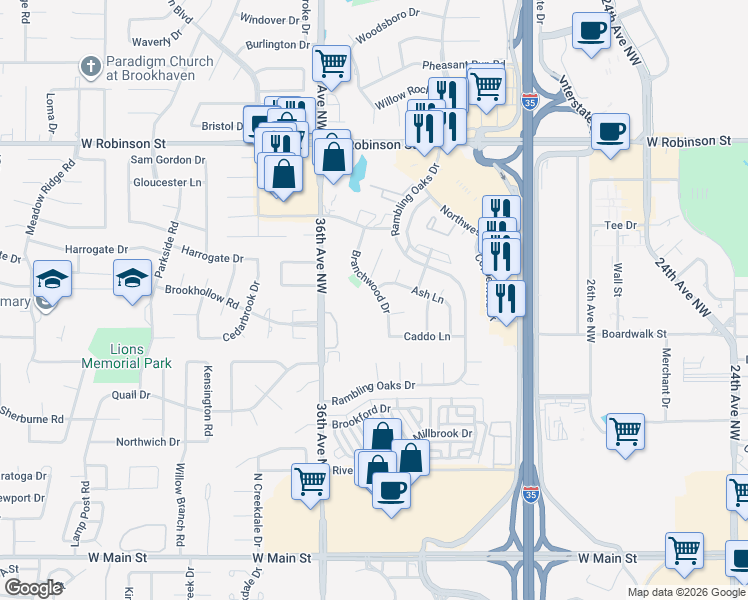 map of restaurants, bars, coffee shops, grocery stores, and more near 800 Branchwood Drive in Norman