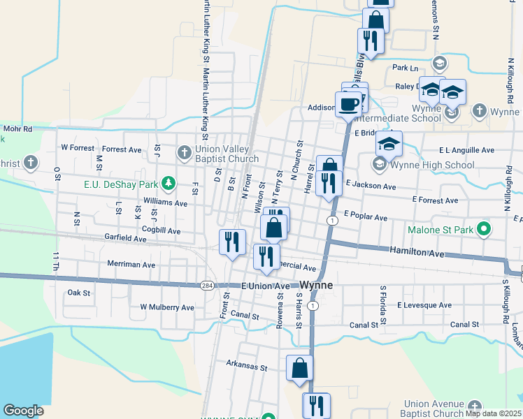 map of restaurants, bars, coffee shops, grocery stores, and more near 604 Wilson Street in Wynne