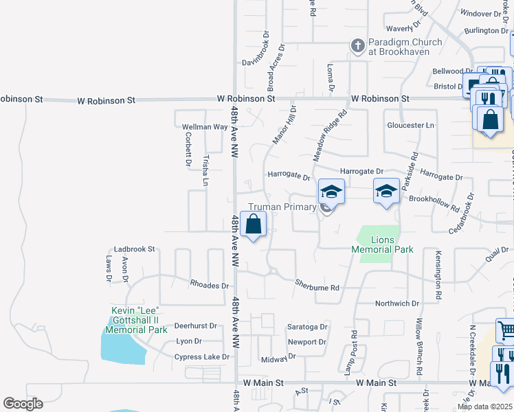 map of restaurants, bars, coffee shops, grocery stores, and more near 4705 Windrush Circle in Norman
