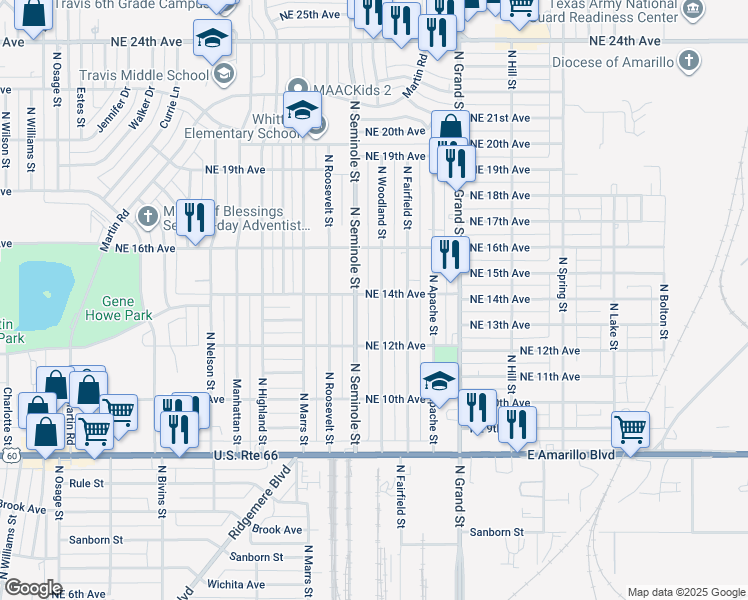map of restaurants, bars, coffee shops, grocery stores, and more near 1229 North Woodland Street in Amarillo
