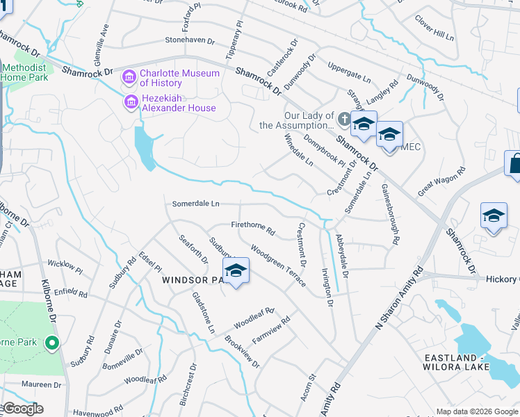 map of restaurants, bars, coffee shops, grocery stores, and more near 4124 Somerdale Lane in Charlotte