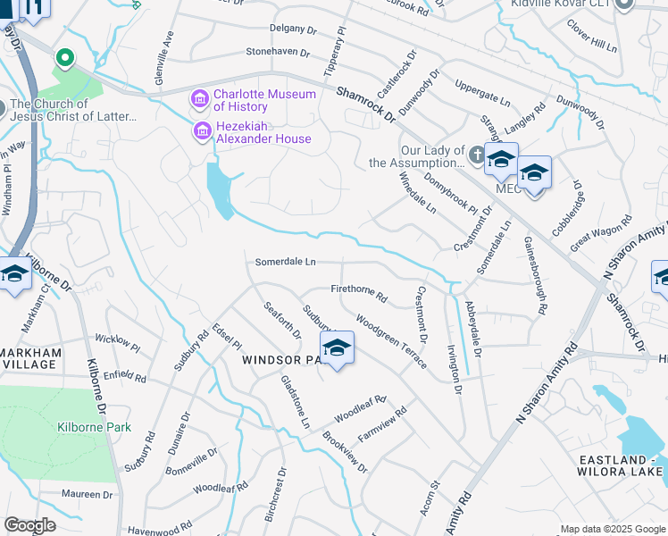 map of restaurants, bars, coffee shops, grocery stores, and more near 4044 Somerdale Lane in Charlotte
