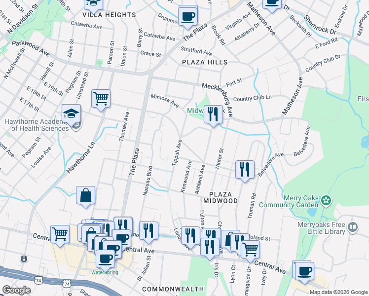 map of restaurants, bars, coffee shops, grocery stores, and more near 2004 Belvedere Avenue in Charlotte