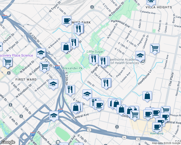 map of restaurants, bars, coffee shops, grocery stores, and more near in Charlotte