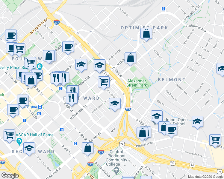 map of restaurants, bars, coffee shops, grocery stores, and more near in Charlotte
