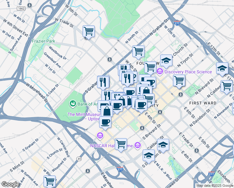 map of restaurants, bars, coffee shops, grocery stores, and more near 224 West 3rd Street in Charlotte