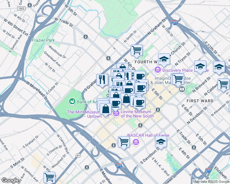 map of restaurants, bars, coffee shops, grocery stores, and more near 224 West 3rd Street in Charlotte