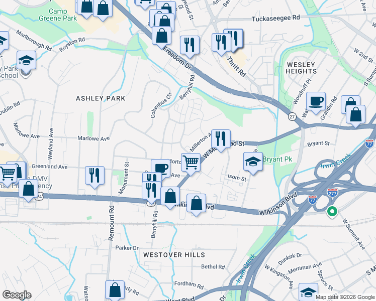 map of restaurants, bars, coffee shops, grocery stores, and more near 1921 Fleetwood Drive in Charlotte