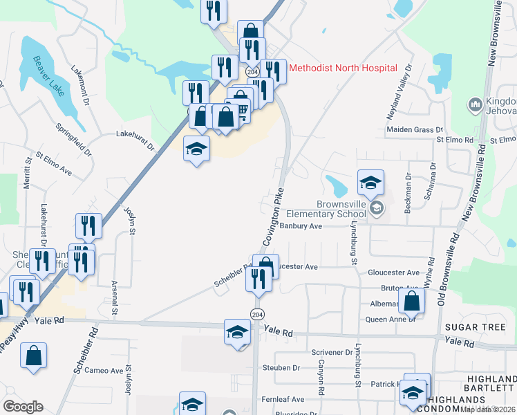 map of restaurants, bars, coffee shops, grocery stores, and more near 5109 Wyndance Drive in Memphis