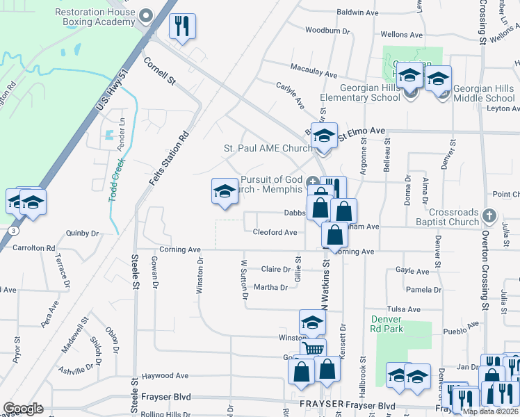 map of restaurants, bars, coffee shops, grocery stores, and more near 1672 Dabbs Avenue in Memphis