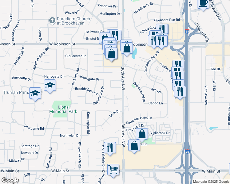 map of restaurants, bars, coffee shops, grocery stores, and more near 3612 Bob White Avenue in Norman