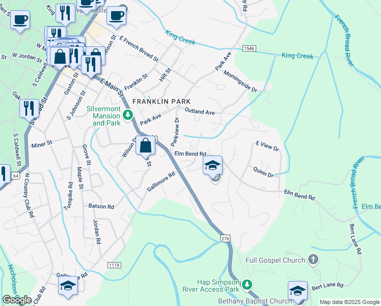 map of restaurants, bars, coffee shops, grocery stores, and more near 109 Elm Bend Road in Brevard