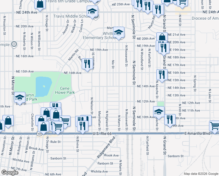 map of restaurants, bars, coffee shops, grocery stores, and more near 3002 Northeast 14th Avenue in Amarillo