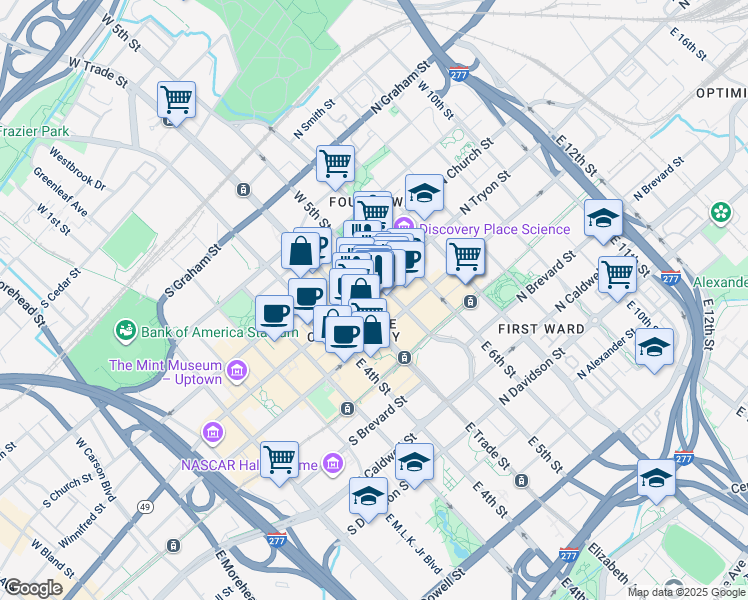 map of restaurants, bars, coffee shops, grocery stores, and more near 100 North Tryon Street in Charlotte