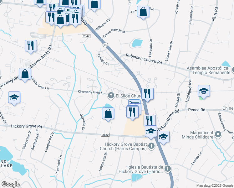 map of restaurants, bars, coffee shops, grocery stores, and more near 6840 Cypress Tree Lane in Charlotte