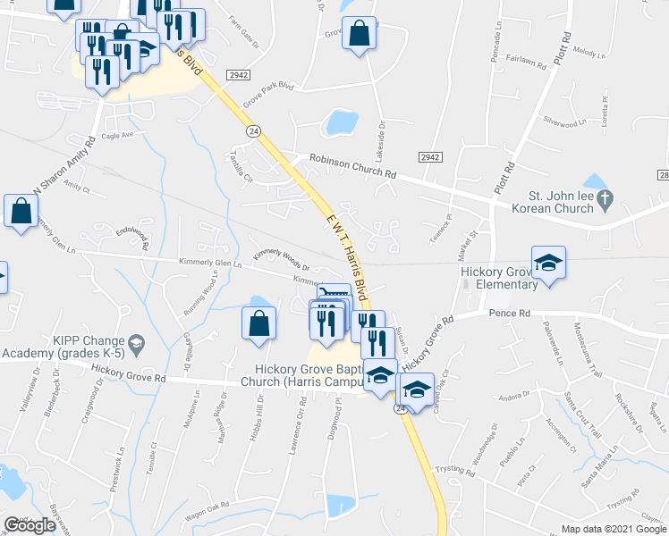 map of restaurants, bars, coffee shops, grocery stores, and more near 5625 Kimmerly Woods Drive in Charlotte