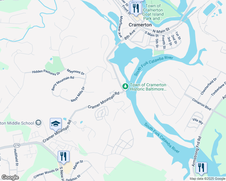 map of restaurants, bars, coffee shops, grocery stores, and more near 301 Cramer Mountain Rd in Cramerton