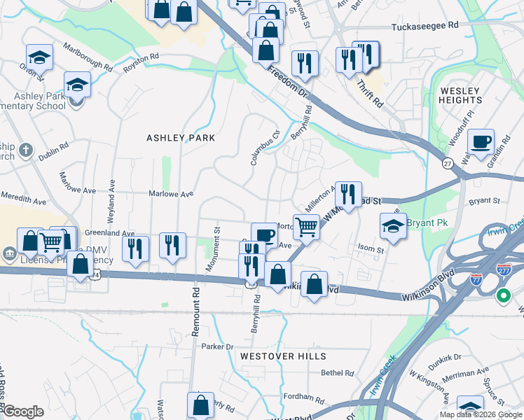 map of restaurants, bars, coffee shops, grocery stores, and more near 2512 Alyssa Lane in Charlotte