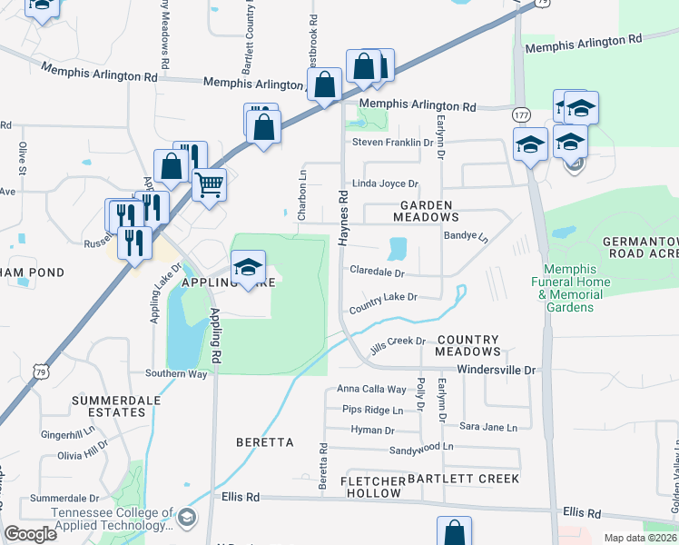 map of restaurants, bars, coffee shops, grocery stores, and more near 3721 Haynes Road in Bartlett