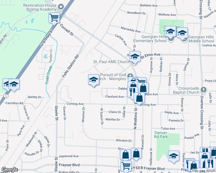 map of restaurants, bars, coffee shops, grocery stores, and more near 1672 Dabbs Avenue in Memphis