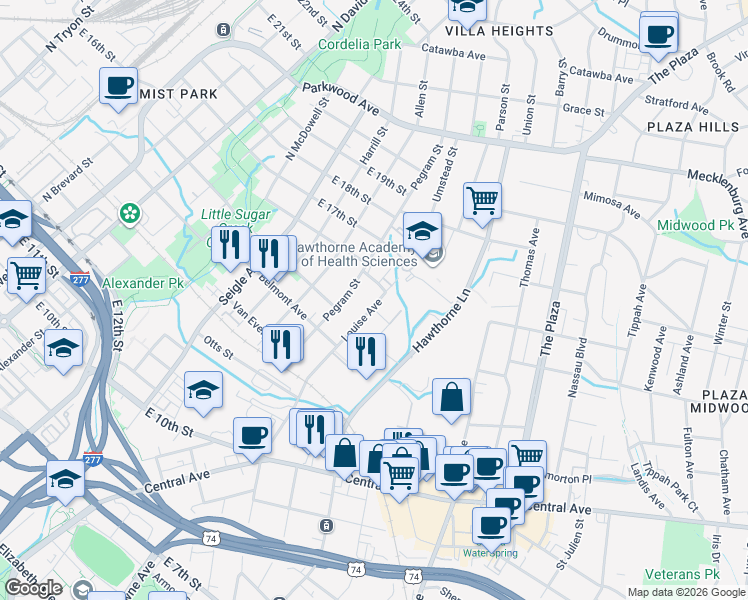 map of restaurants, bars, coffee shops, grocery stores, and more near 1233 Louise Ave in Charlotte