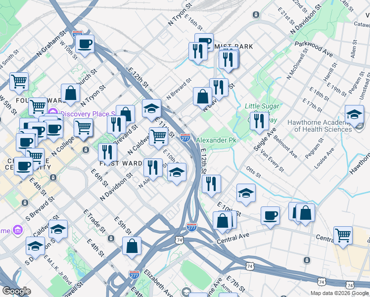 map of restaurants, bars, coffee shops, grocery stores, and more near E 11th St & N Alexander St in Charlotte