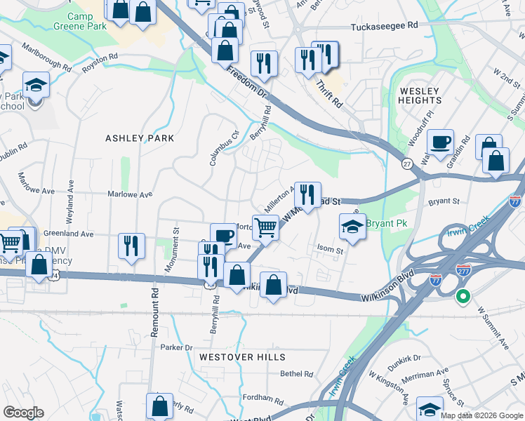 map of restaurants, bars, coffee shops, grocery stores, and more near 1921 Fleetwood Drive in Charlotte