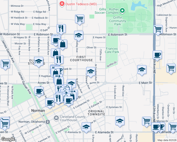 map of restaurants, bars, coffee shops, grocery stores, and more near 417 North Stewart Avenue in Norman