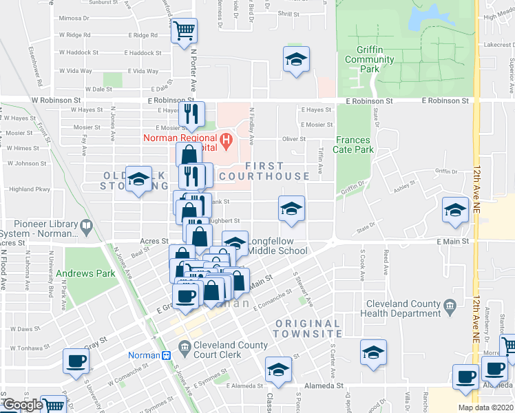map of restaurants, bars, coffee shops, grocery stores, and more near 419 N Findlay Ave in Norman