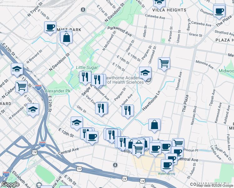 map of restaurants, bars, coffee shops, grocery stores, and more near 1201 Pegram Street in Charlotte