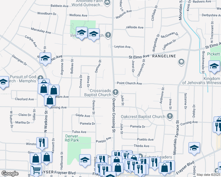 map of restaurants, bars, coffee shops, grocery stores, and more near 3729 Overton Crossing Street in Memphis