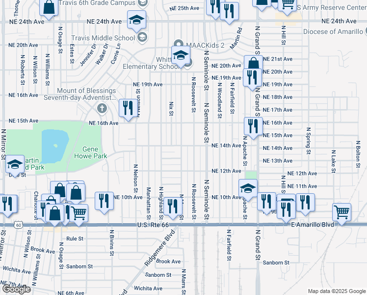map of restaurants, bars, coffee shops, grocery stores, and more near 1222 North Marrs Street in Amarillo