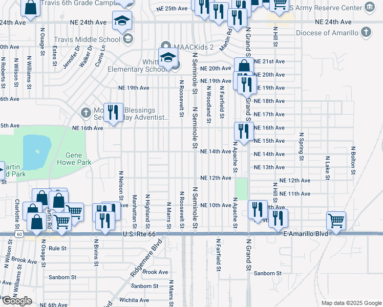 map of restaurants, bars, coffee shops, grocery stores, and more near 1223 North Seminole Street in Amarillo