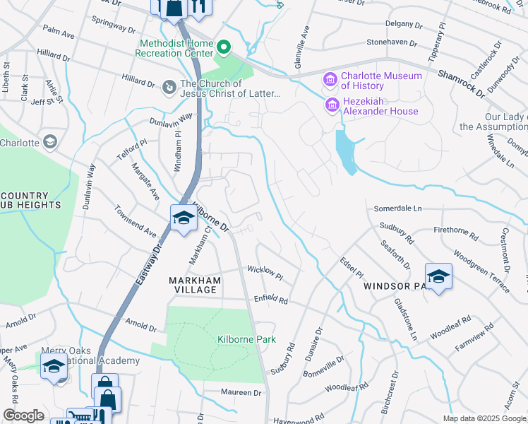 map of restaurants, bars, coffee shops, grocery stores, and more near 2215 Kilborne Drive in Charlotte