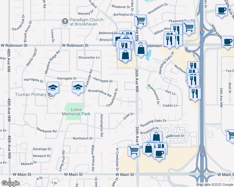 map of restaurants, bars, coffee shops, grocery stores, and more near 709 Cedarbrook Dr in Norman