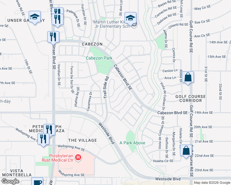 map of restaurants, bars, coffee shops, grocery stores, and more near 2440 Corvara Drive Southeast in Rio Rancho