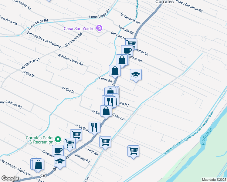 map of restaurants, bars, coffee shops, grocery stores, and more near 4678 Corrales Road in Corrales