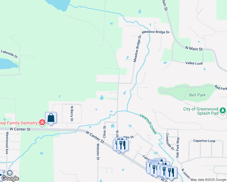 map of restaurants, bars, coffee shops, grocery stores, and more near 1314 Allynne Court in Greenwood