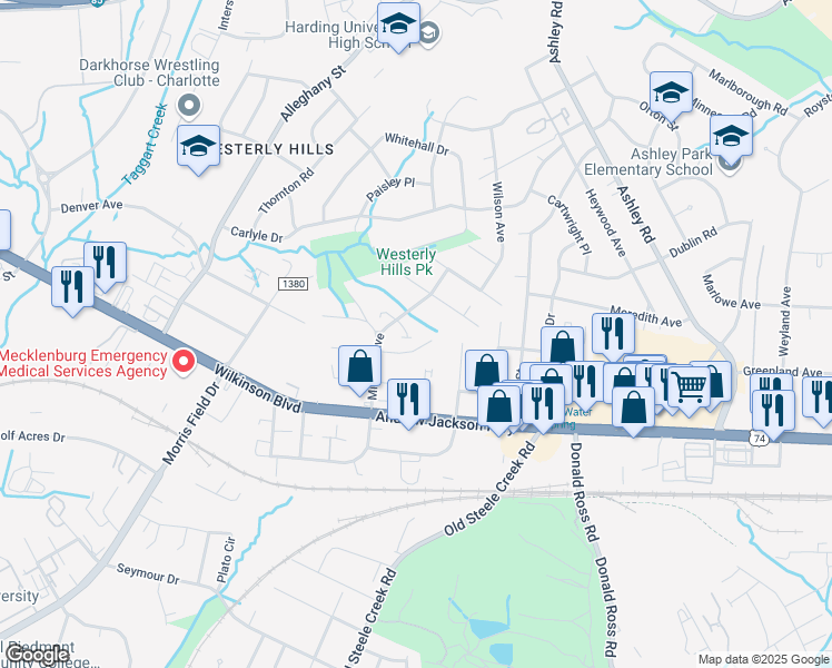 map of restaurants, bars, coffee shops, grocery stores, and more near 2431 Midland Avenue in Charlotte