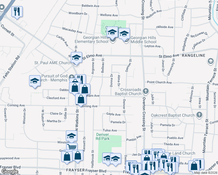 map of restaurants, bars, coffee shops, grocery stores, and more near 3737 Donna Drive in Memphis