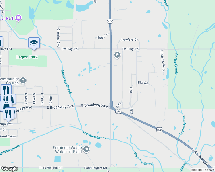 map of restaurants, bars, coffee shops, grocery stores, and more near 505 North Harvey Road in Seminole