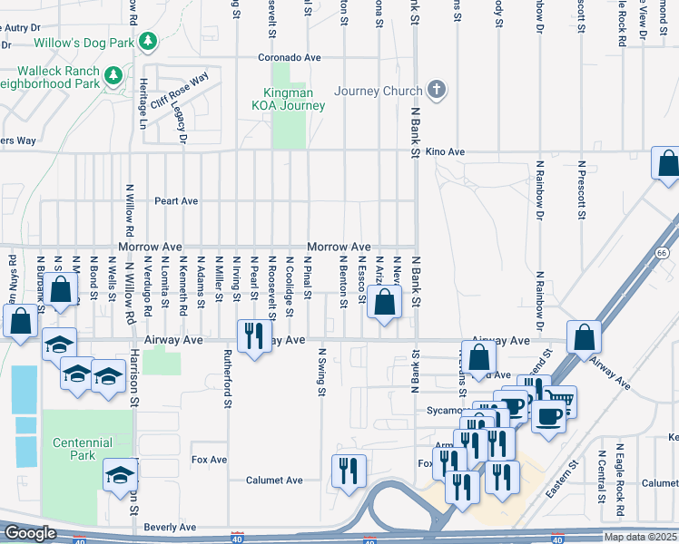 map of restaurants, bars, coffee shops, grocery stores, and more near 3583 North Benton Street in Kingman