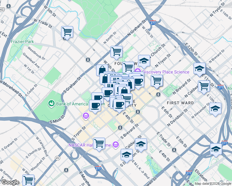 map of restaurants, bars, coffee shops, grocery stores, and more near 106 West Trade Street in Charlotte