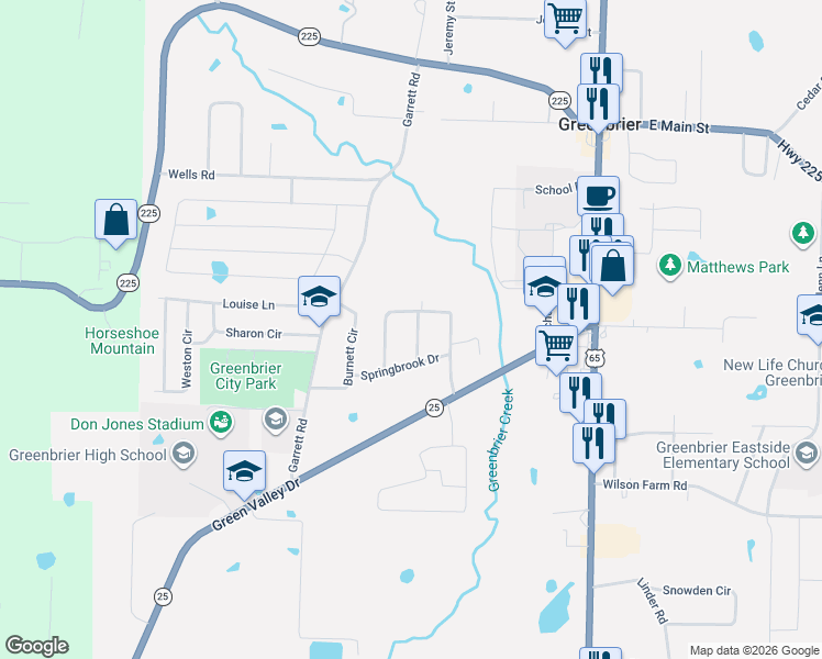 map of restaurants, bars, coffee shops, grocery stores, and more near 7 Winter Lane in Greenbrier