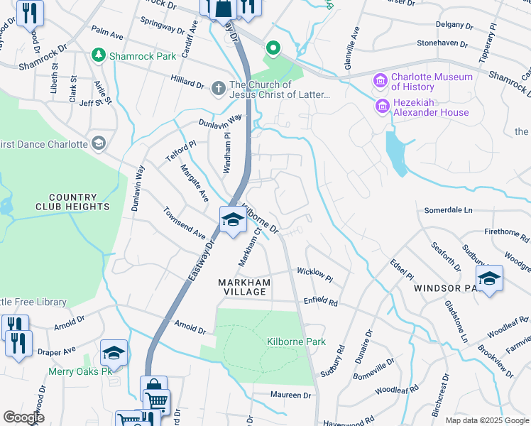 map of restaurants, bars, coffee shops, grocery stores, and more near 2123 Kilborne Drive in Charlotte