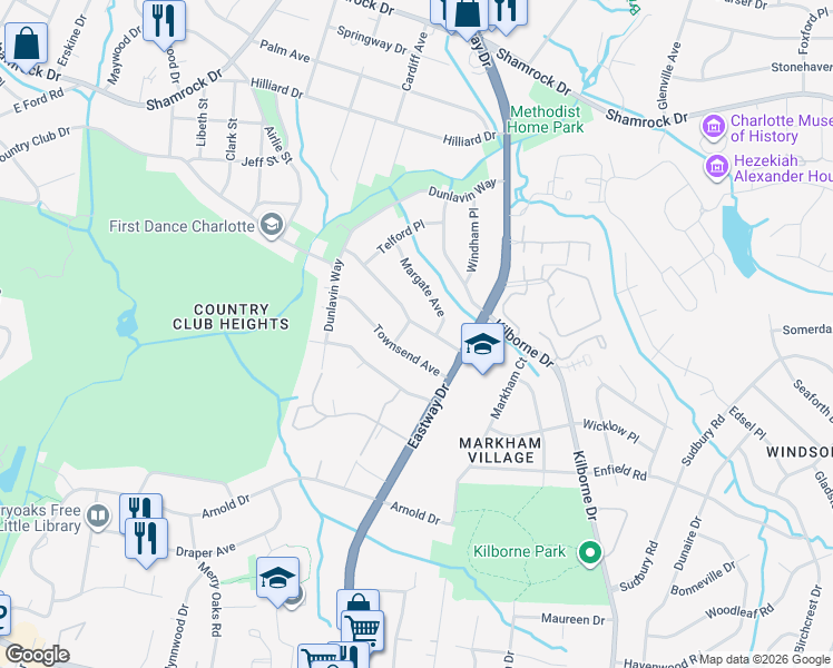 map of restaurants, bars, coffee shops, grocery stores, and more near 2008 Sandhurst Drive in Charlotte